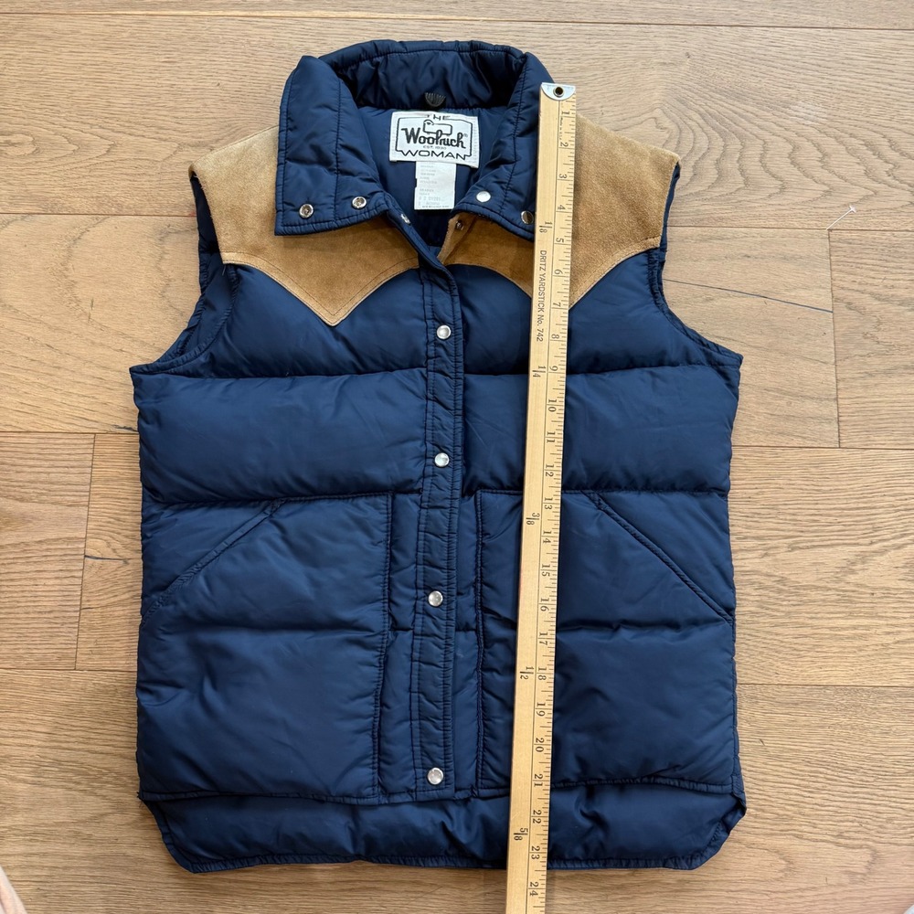 Woolrich Vintage Navy Blue Down Puffer Vest Leather Suede Western Yoke Medium - Picture 5 of 9